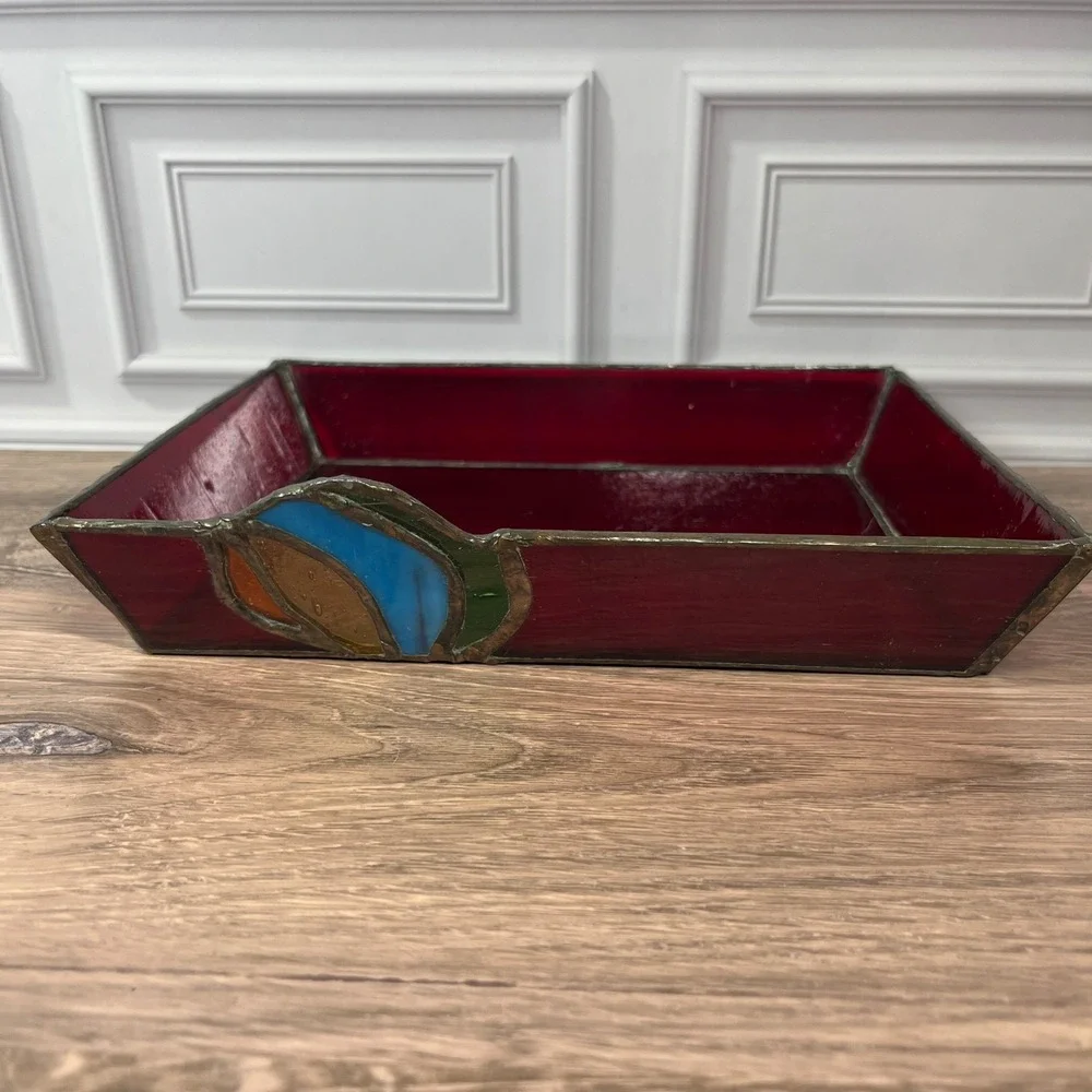 Stained Glass Vanity Catch Tray Red Art Deco Floral Catchall Dish